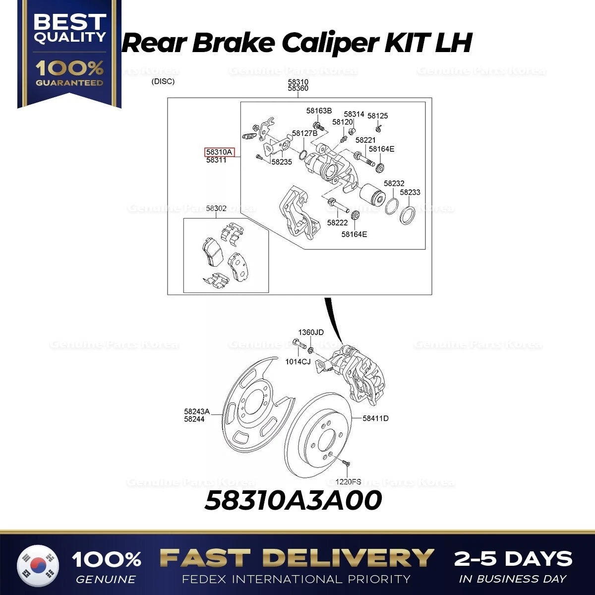 ⭐Genuine⭐ Rear Brake Caliper KIT LH 58310A3A00 for Kia Ray