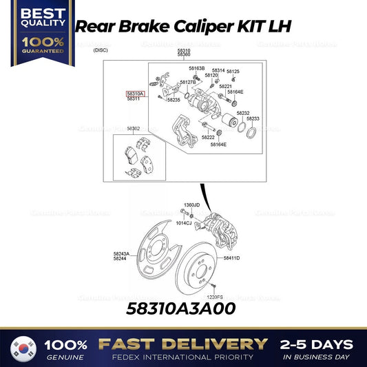 ⭐Genuine⭐ Rear Brake Caliper KIT LH 58310A3A00 for Kia Ray