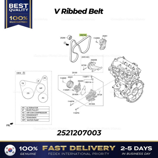 ⭐Genuine⭐ V Ribbed Belt 2521207003 for Hyundai Casper Kia Picanto