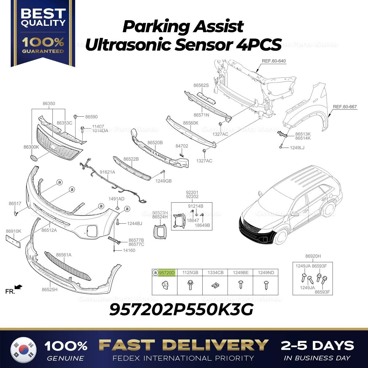 ⭐Genuine⭐ Parking Assist Ultrasonic Sensor 4PCS 957202P550K3G for Kia Sorento