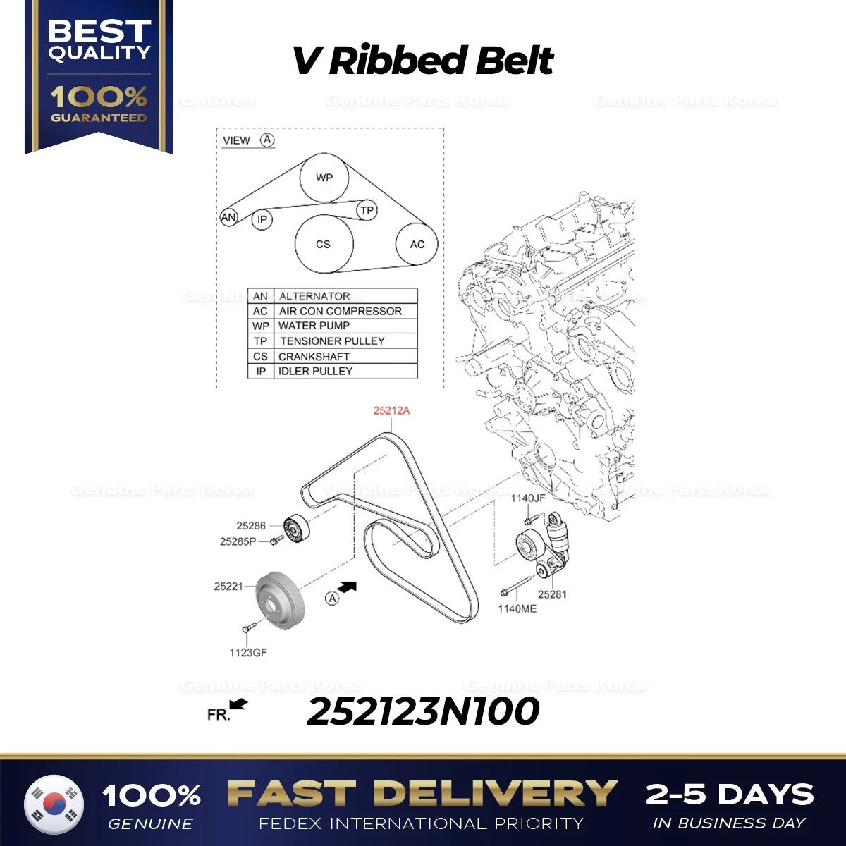 ⭐Genuine⭐ V Ribbed Belt 252123N100 for Hyundai Genesis G80 G90