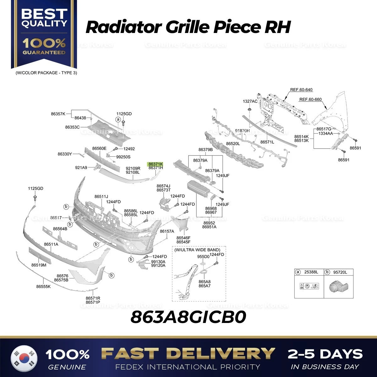 ⭐Genuine⭐ Radiator Grille Piece RH 863A8GICB0 for Hyundai Ioniq 5